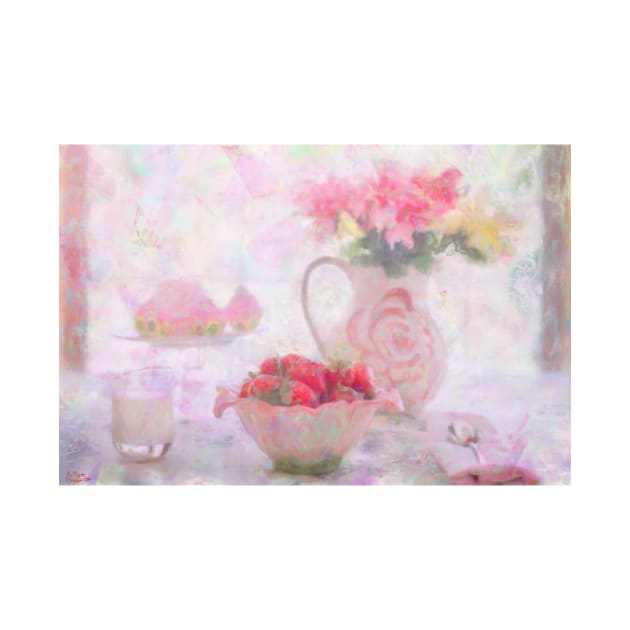 Strawberries & Cream Still Life Impressionist Painting by BonBonBunny