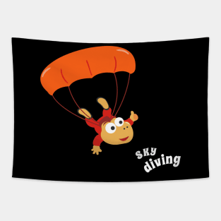 cartoon illustration of skydiving with litlle dinosaur Tapestry