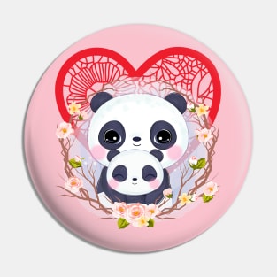 Mama Panda and baby with RED lace heart Pin