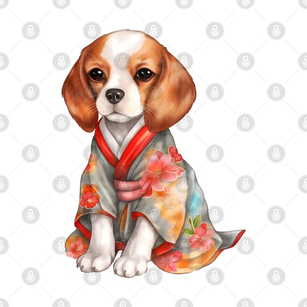 Watercolor Beagle Dog in Kimono by Chromatic Fusion Studio