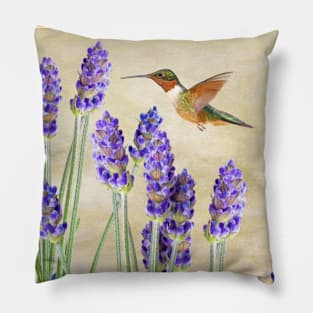 Ruby Throated Hummingbird and Lavender Flowers Pillow