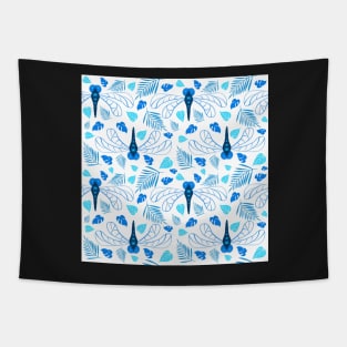 Bright Blue Dragonfly and Leaf Pattern on White Tapestry