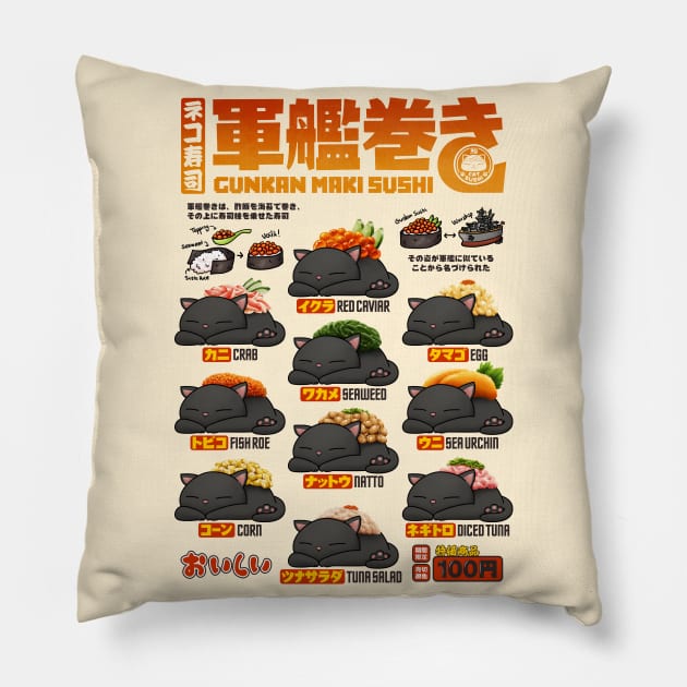 Cat Sushi Gunkan Sushi Menu Pillow by Takeda_Art