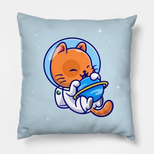 Cute Cat Astronaut Hug Planet In Space Cartoon Pillow