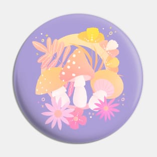 Magic mushrooms and flowers, pink and yellow gradient Pin