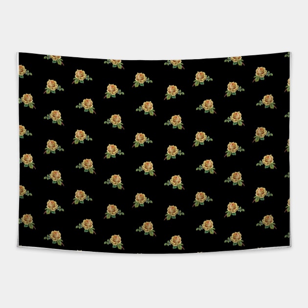 Yellow vintage rose print on black Tapestry by bettyretro