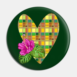 Caribbean Heart and Hibiscus Madras Tartan Fabric Pin