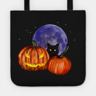 Halloween Black Cat Orange Pumpkins Art Tote