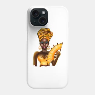 Queen Black is beautiful black girl with Gold headscarf, necklace, earrings, gold dress and head wrap, brown eyes and dark brown skin ! Phone Case