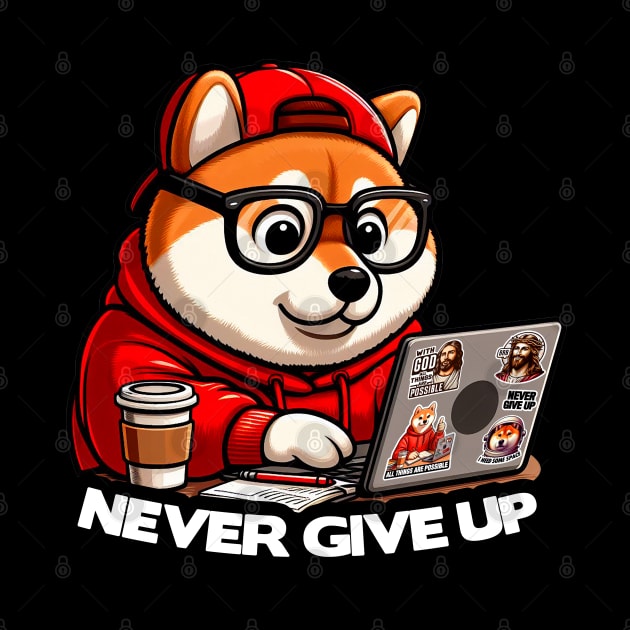 Never Give Up Shiba Inu Dog Laptop Homework Hardworking Study Hard by Plushism