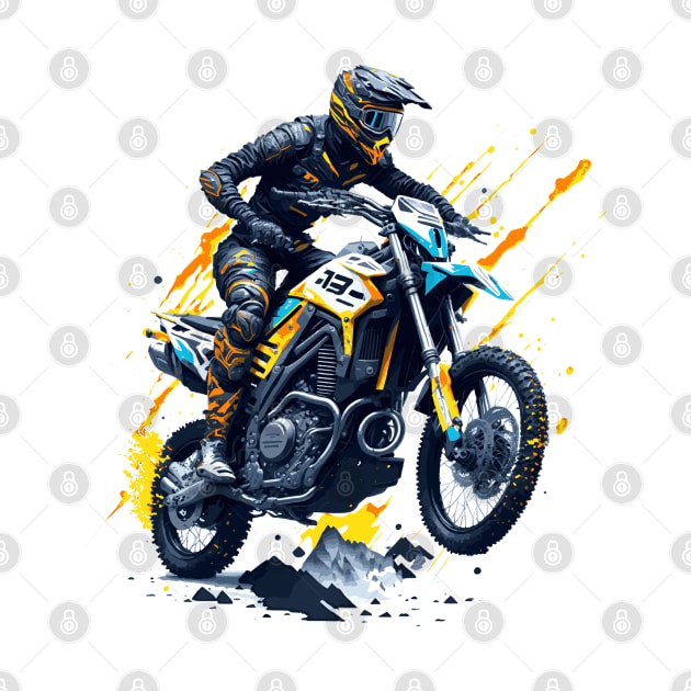 Enduro and motocross motorbike illustration. Adventure on paint splashes. Competition on mountain roads. Offroad by jjmpubli