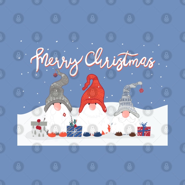 Three Merry Christmas Gnomes with Snowflakes and Presents on Pale Blue by NattyDesigns