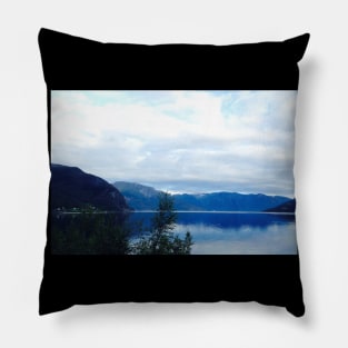 Scandinavian Blue Mountains Lake Landscape Pillow