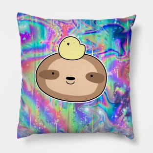 Sloth Face and Baby Chick Rainbow Holographic Pillow