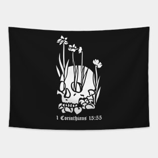 Skull with flowers 1 Corinthians 15:55 Tapestry