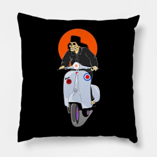 skull riding a Vespa motorbike Pillow