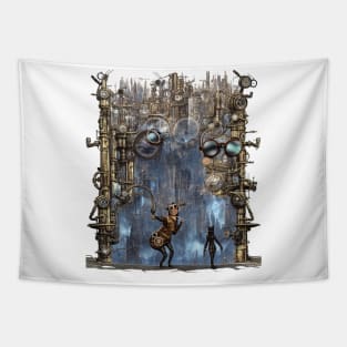 Cat Walking into Gothic Steampunk City Tapestry