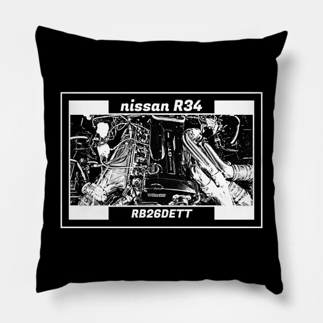 NISSAN SKYLINE GT-R R34 ENGINE (Black Version) Pillow by Cero