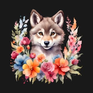 A wolf decorated with beautiful watercolor flowers T-Shirt