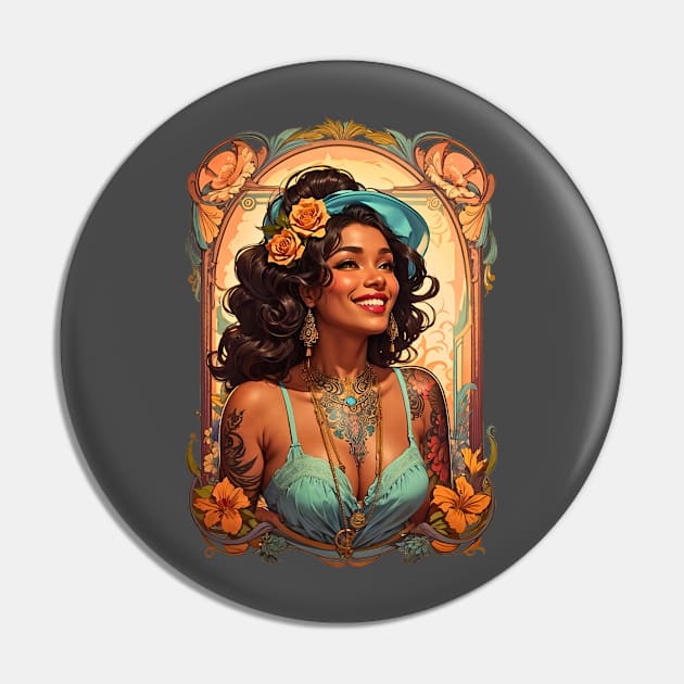 Black Bohemian Woman with tattoos retro vintage design Pin by Neon City Bazaar