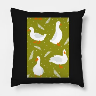 White Pekin Ducks with feathers and dots repeat pattern Pillow