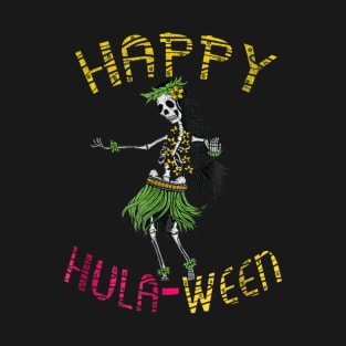 Happy Hula Ween Hawaiian Tiki Dancing Skeleton T-Shirt