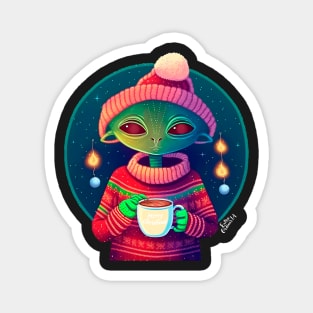 Christmas Funny Alien Drinking Coffee Wearing Sweater Magnet