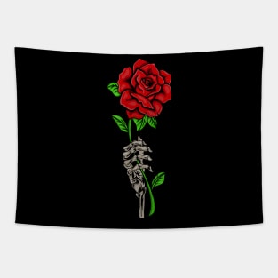 Skeleton Hand Holding a Red Rose, Floral Tapestry