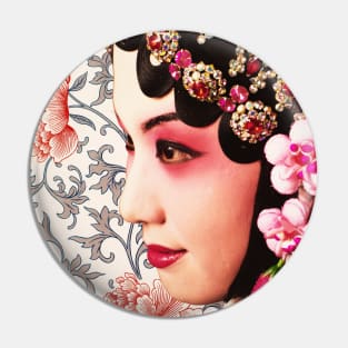 Chinese Opera Star Blue with Pastel Traditional Floral Pattern- Hong Kong Retro Pin