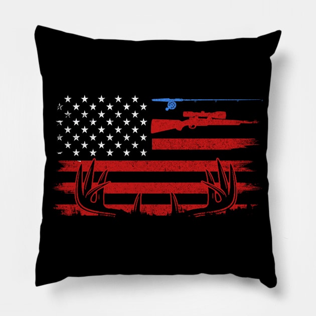 Fishing Rod Hunting Rifle American Flag 4th of July Gift For Women Men Hunter Hunting Lovers Pillow by paynegabriel