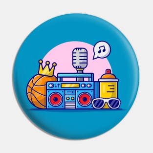 Hip Hop Music with Basketball, Boombox, Glasses, Crown and Microphone Cartoon Vector Icon Illustration Pin