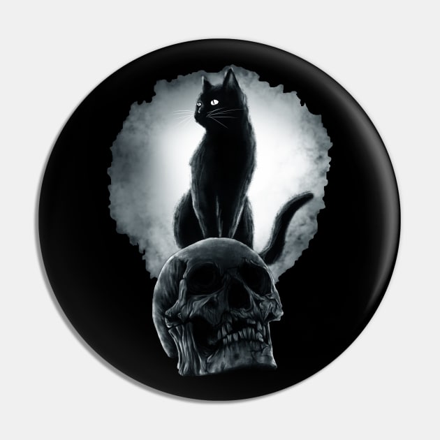 Black cat standing on a scary skull, Cats Rule Pin by stark.shop