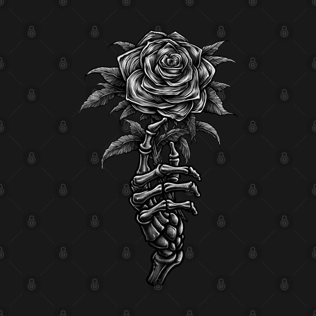 Vintage skeleton hand holding rose by Winya