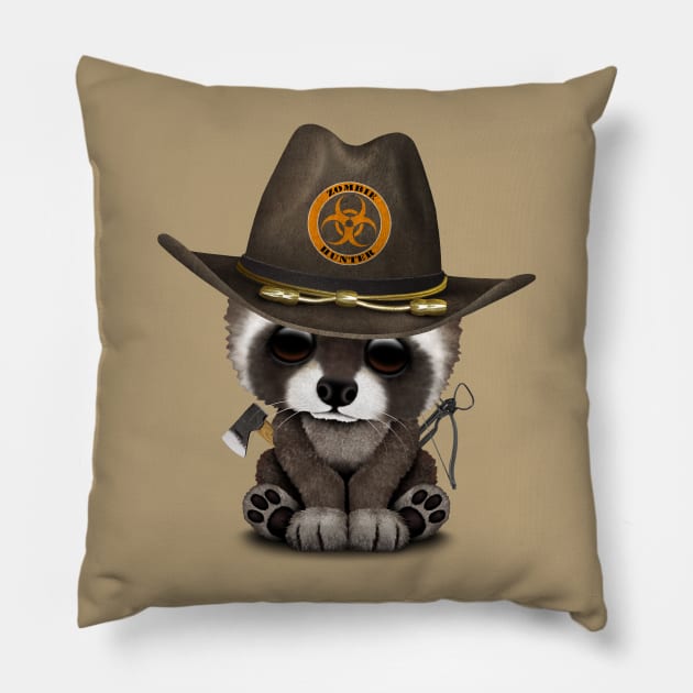 Baby Raccoon Zombie Hunter Pillow by jeffbartels