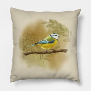 Blue Tit Soft Pastel Drawing on Yellow Ochre Pillow