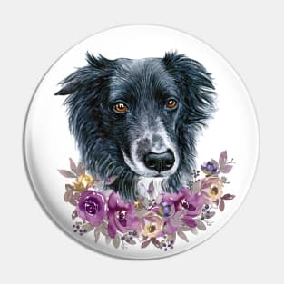 Cute Border Collie Puppy Dog with Flowers Illustration Art Pin