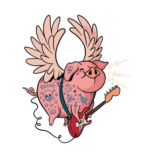 Pigs Rock! | Cute Tattoo Flying Pig playing guitar by rudyfaber