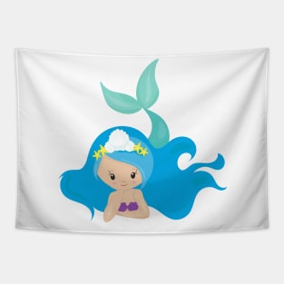 Cute Mermaid, Blue Hair, Little Mermaid, Starfish Tapestry