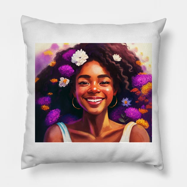 Afro girl happy portrait with flowers Pillow by astronauticarte