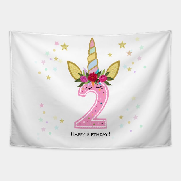 Second birthday. Two. Unicorn Birthday invitation. Party invitation greeting Tapestry by GULSENGUNEL