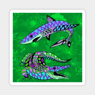 the shark and the alligator in pattern ecopop art in jungle style Magnet