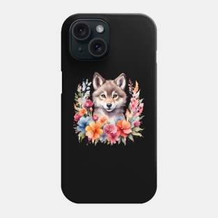 A wolf decorated with beautiful watercolor flowers Phone Case