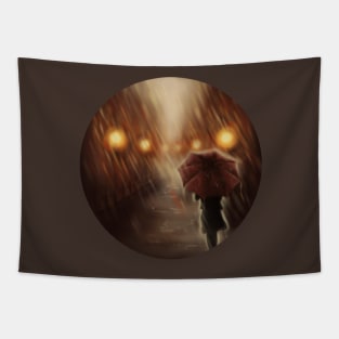 Warm Autumn Raining Scene Illustration Tapestry