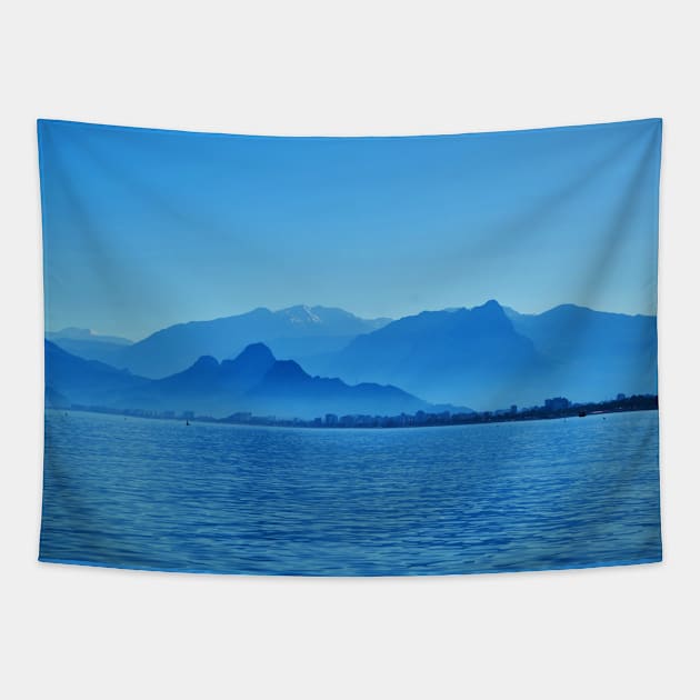 Blue ice mountain with ocean Tapestry by Insignis