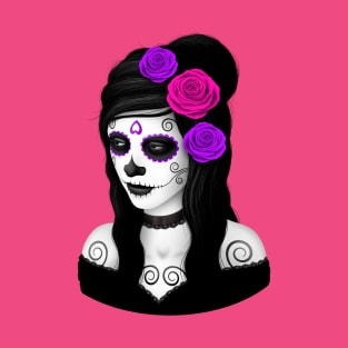 Day of the Dead Girl with Pink and Purple Roses T-Shirt