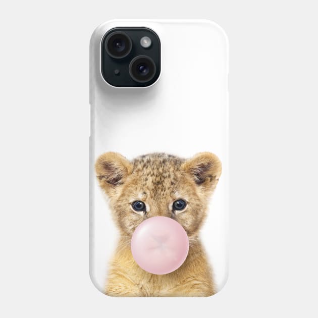 Baby Lion Blowing Bubble Gum, Pink Nursery, Baby Animals Art Print by Synplus Phone Case by Synplus