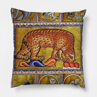 MEDIEVAL BESTIARY,BEAR, FANTASTIC ANIMALS IN GOLD RED BLUE COLORS Pillow