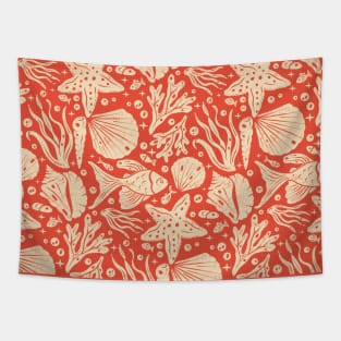 Block Printing Sea Life on Red Tapestry