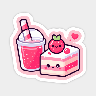 Kawaii Style Cute Strawberry Cake and Drink | Cutesy Design for Kawaii Food Lovers Magnet