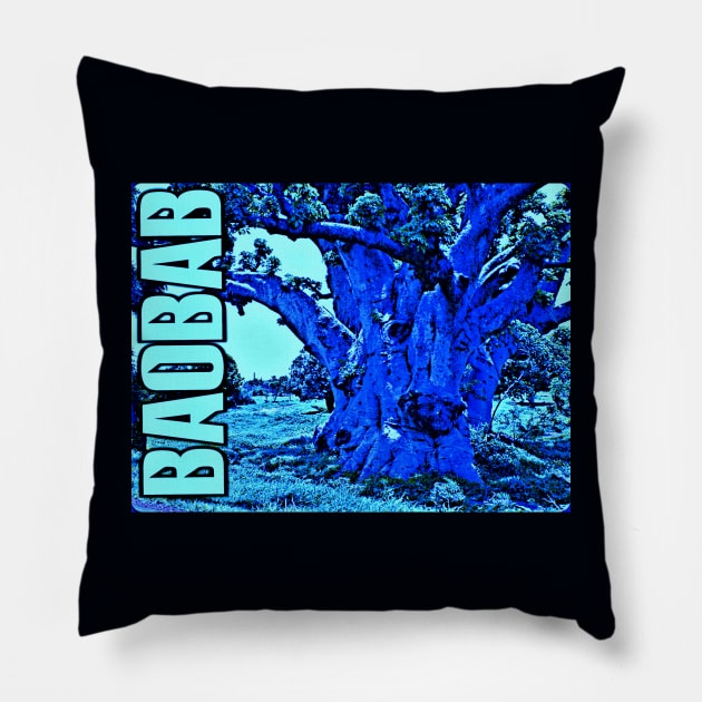 "Gouye Sipi" the Ancient Mystical Sacred Baobab Tree - Blue Pillow by Tony Cisse Art Originals